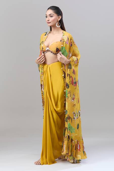 Buy Rajat K Tangri Yellow Silk Metallic Thread Sweetheart Neck Mughal Motif Cape And Skirt Set Buy_Rajat K Tangri_Yellow Silk Metallic Thread Sweetheart Neck Mughal Motif Cape And Skirt Set