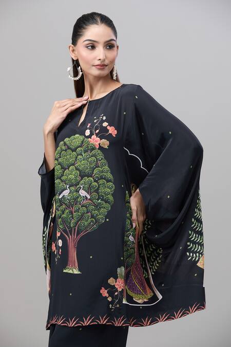 Rajat K Tangri_Black Keyhole Neck Botanical Print Kaftan Set _Online_at_Aza_Fashions