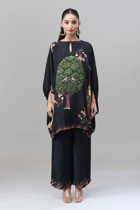 Rajat K Tangri_Black Keyhole Neck Botanical Print Kaftan Set _at_Aza_Fashions