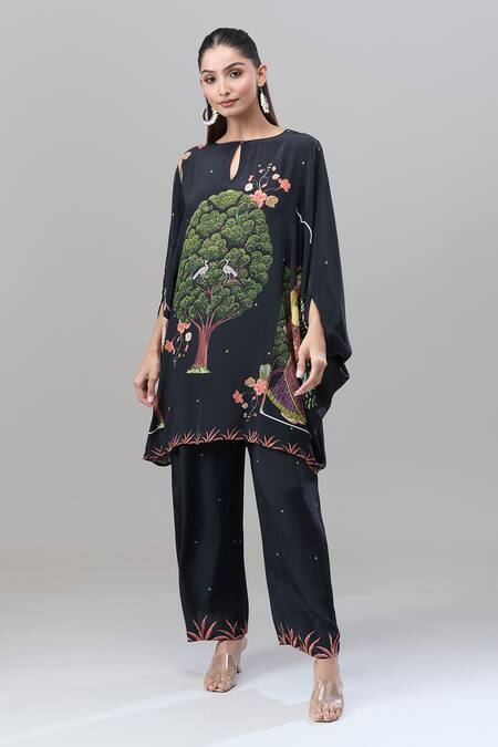Shop_Rajat K Tangri_Black Keyhole Neck Botanical Print Kaftan Set 