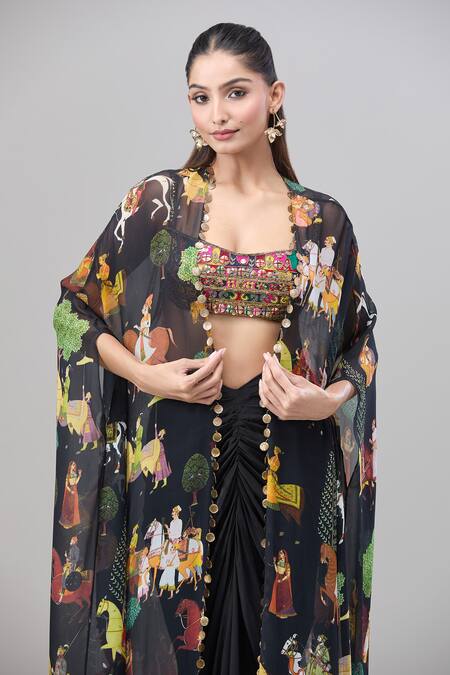 Rajat K Tangri_Black Beads Scoop Neck Mughal Village Print Cape And Skirt Set _Online_at_Aza_Fashions