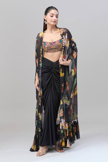 Rajat K Tangri_Black Beads Scoop Neck Mughal Village Print Cape And Skirt Set _at_Aza_Fashions