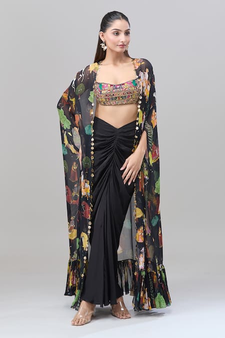 Buy_Rajat K Tangri_Black Beads Scoop Neck Mughal Village Print Cape And Skirt Set 