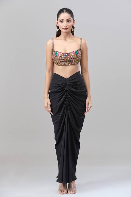 Shop_Rajat K Tangri_Black Beads Scoop Neck Mughal Village Print Cape And Skirt Set 