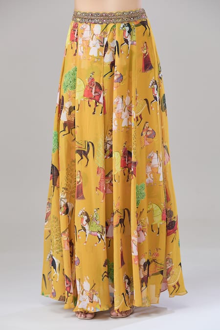 Rajat K Tangri Yellow Cotton Embroidery V-neck Mughal Village Print Top And Lehenga Set Online at Aza Fashions Rajat K Tangri_Yellow Cotton Embroidery V-neck Mughal Village Print Top And Lehenga Set _Online_at_Aza_Fashions