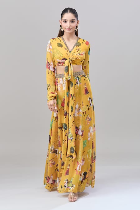 Buy Rajat K Tangri Yellow Cotton Embroidery V-neck Mughal Village Print Top And Lehenga Set Online at Aza Fashions Buy_Rajat K Tangri_Yellow Cotton Embroidery V-neck Mughal Village Print Top And Lehenga Set _Online_at_Aza_Fashions