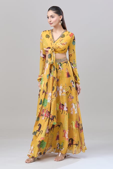 Shop Rajat K Tangri Yellow Cotton Embroidery V-neck Mughal Village Print Top And Lehenga Set Online at Aza Fashions Shop_Rajat K Tangri_Yellow Cotton Embroidery V-neck Mughal Village Print Top And Lehenga Set _Online_at_Aza_Fashions
