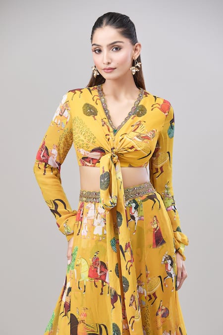 Rajat K Tangri Yellow Cotton Embroidery V-neck Mughal Village Print Top And Lehenga Set at Aza Fashions Rajat K Tangri_Yellow Cotton Embroidery V-neck Mughal Village Print Top And Lehenga Set _at_Aza_Fashions