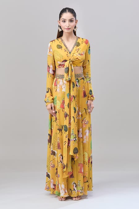Buy Rajat K Tangri Yellow Cotton Embroidery V-neck Mughal Village Print Top And Lehenga Set Buy_Rajat K Tangri_Yellow Cotton Embroidery V-neck Mughal Village Print Top And Lehenga Set