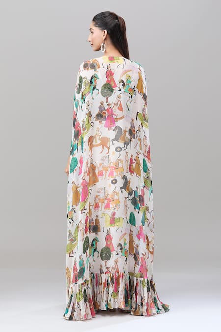 Shop Rajat K Tangri White Chiffon Sweetheart Neck Mughal Village Print Cape Skirt Set at Aza Fashions Shop_Rajat K Tangri_White Chiffon Sweetheart Neck Mughal Village Print Cape Skirt Set _at_Aza_Fashions