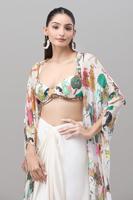 Buy Rajat K Tangri White Chiffon Sweetheart Neck Mughal Village Print Cape Skirt Set Online at Aza Fashions Buy_Rajat K Tangri_White Chiffon Sweetheart Neck Mughal Village Print Cape Skirt Set _Online_at_Aza_Fashions