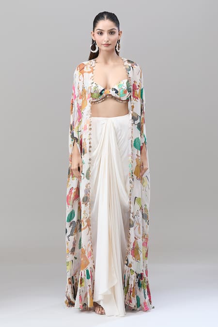 Rajat K Tangri White Chiffon Sweetheart Neck Mughal Village Print Cape Skirt Set at Aza Fashions Rajat K Tangri_White Chiffon Sweetheart Neck Mughal Village Print Cape Skirt Set _at_Aza_Fashions
