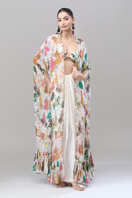 Buy Rajat K Tangri White Chiffon Sweetheart Neck Mughal Village Print Cape Skirt Set Buy_Rajat K Tangri_White Chiffon Sweetheart Neck Mughal Village Print Cape Skirt Set