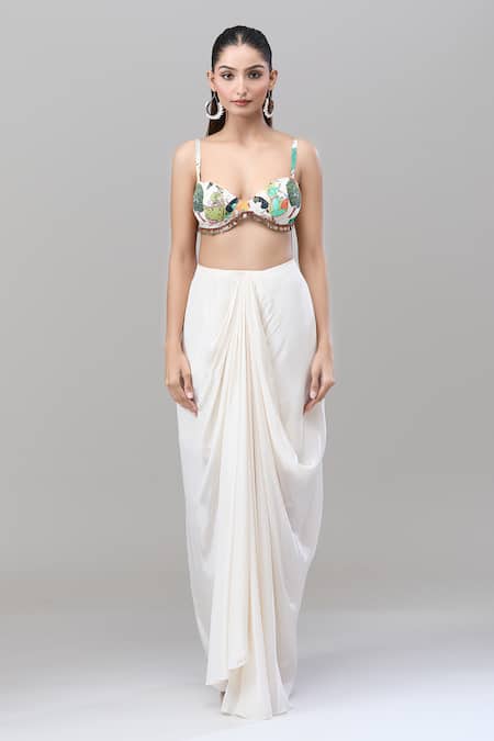 Shop Rajat K Tangri White Chiffon Sweetheart Neck Mughal Village Print Cape Skirt Set Shop_Rajat K Tangri_White Chiffon Sweetheart Neck Mughal Village Print Cape Skirt Set