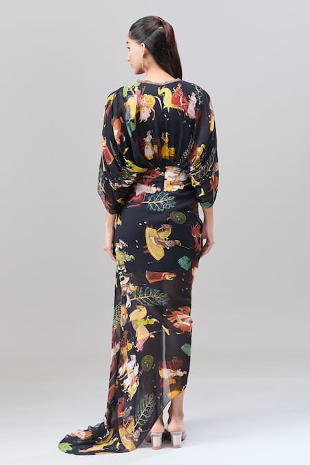 Shop Rajat K Tangri Black Embroidery V-neck Mughal Village Print Draped Maxi Dress at Aza Fashions Shop_Rajat K Tangri_Black Embroidery V-neck Mughal Village Print Draped Maxi Dress _at_Aza_Fashions