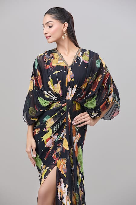 Rajat K Tangri Black Embroidery V-neck Mughal Village Print Draped Maxi Dress Online at Aza Fashions Rajat K Tangri_Black Embroidery V-neck Mughal Village Print Draped Maxi Dress _Online_at_Aza_Fashions