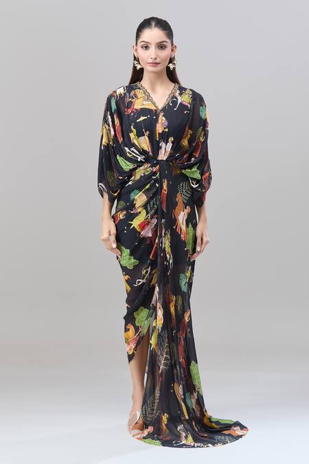 Buy Rajat K Tangri Black Embroidery V-neck Mughal Village Print Draped Maxi Dress Online at Aza Fashions Buy_Rajat K Tangri_Black Embroidery V-neck Mughal Village Print Draped Maxi Dress _Online_at_Aza_Fashions