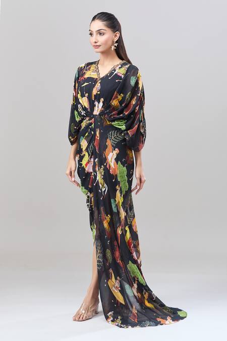 Shop Rajat K Tangri Black Embroidery V-neck Mughal Village Print Draped Maxi Dress Online at Aza Fashions Shop_Rajat K Tangri_Black Embroidery V-neck Mughal Village Print Draped Maxi Dress _Online_at_Aza_Fashions