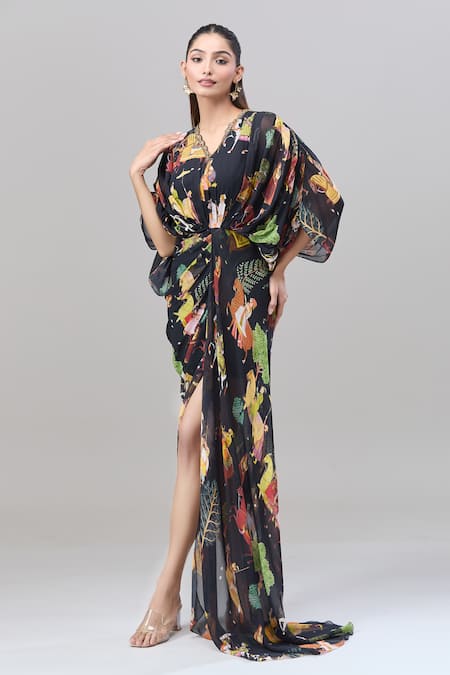 Rajat K Tangri Black Embroidery V-neck Mughal Village Print Draped Maxi Dress at Aza Fashions Rajat K Tangri_Black Embroidery V-neck Mughal Village Print Draped Maxi Dress _at_Aza_Fashions