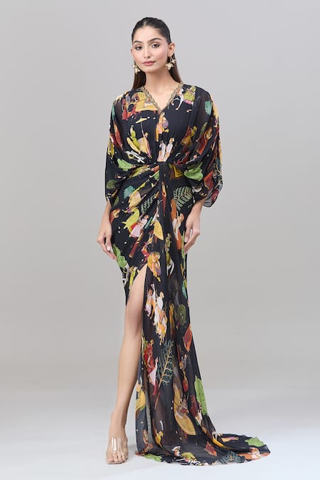 Buy Rajat K Tangri Black Embroidery V-neck Mughal Village Print Draped Maxi Dress Buy_Rajat K Tangri_Black Embroidery V-neck Mughal Village Print Draped Maxi Dress