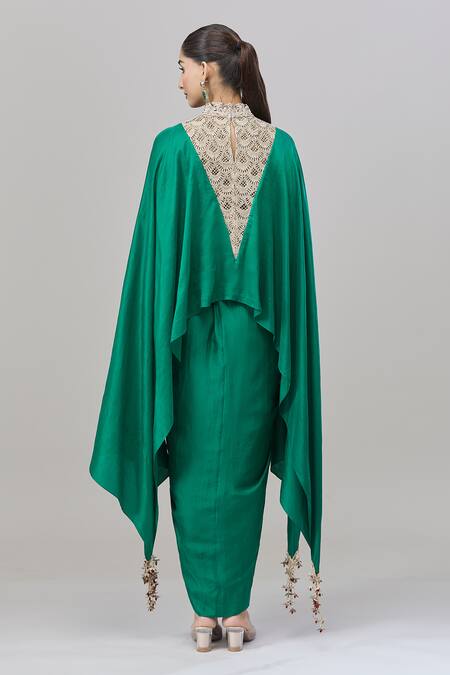 Shop Anand Kabra Emerald Green Embroidery Zardozi Round High Neck Scallop Kaftan Set at Aza Fashions Shop_Anand Kabra_Emerald Green Embroidery Zardozi Round High Neck Scallop Kaftan Set_at_Aza_Fashions