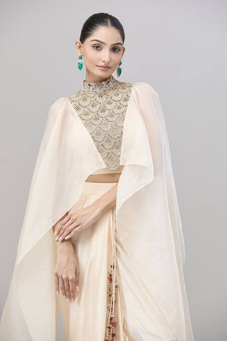Buy Anand Kabra Beige Silk Zari, Embroidery Round Neck Scallop Cutwork Cape Top And Skirt Set Buy_Anand Kabra_Beige Silk Zari, Embroidery Round Neck Scallop Cutwork Cape Top And Skirt Set
