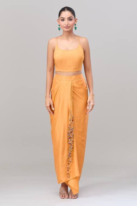 Anand Kabra_Yellow Chiffon Zari, Cut Work Round Neck Scallop Cape Top And Draped Skirt Set_Online_at_Aza_Fashions