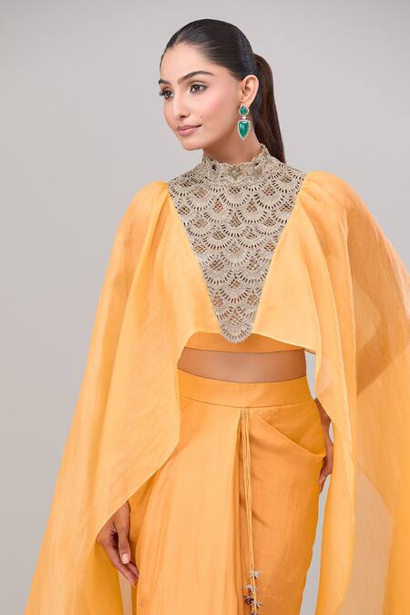 Buy_Anand Kabra_Yellow Chiffon Zari, Cut Work Round Neck Scallop Cape Top And Draped Skirt Set_Online_at_Aza_Fashions