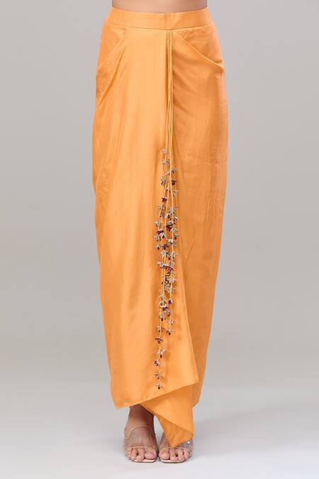 Shop_Anand Kabra_Yellow Chiffon Zari, Cut Work Round Neck Scallop Cape Top And Draped Skirt Set_Online_at_Aza_Fashions