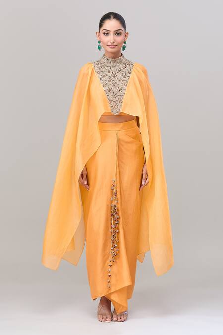 Anand Kabra_Yellow Chiffon Zari, Cut Work Round Neck Scallop Cape Top And Draped Skirt Set_at_Aza_Fashions