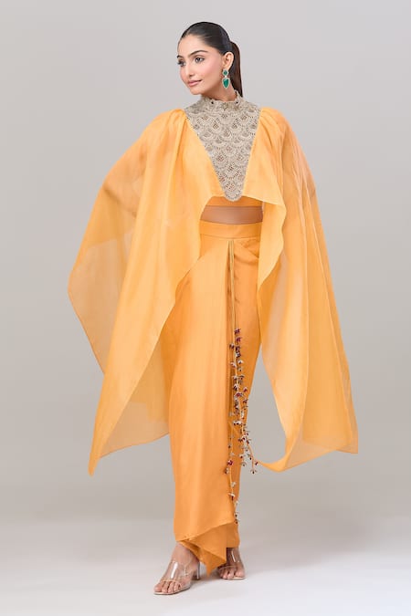 Buy_Anand Kabra_Yellow Chiffon Zari, Cut Work Round Neck Scallop Cape Top And Draped Skirt Set