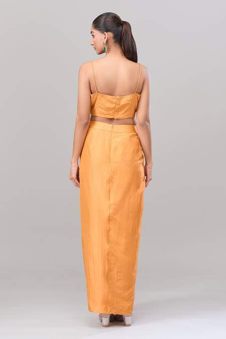 Shop_Anand Kabra_Yellow Chiffon Zari, Cut Work Round Neck Scallop Cape Top And Draped Skirt Set