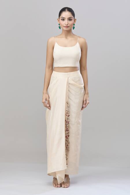 Anand Kabra_Beige Cotton, Silk Embroidery Round Neck Floral Patchwork Cape And Skirt Set_Online_at_Aza_Fashions