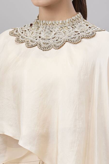 Buy_Anand Kabra_Beige Cotton, Silk Embroidery Round Neck Floral Patchwork Cape And Skirt Set_Online_at_Aza_Fashions