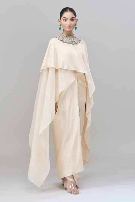 Anand Kabra_Beige Cotton, Silk Embroidery Round Neck Floral Patchwork Cape And Skirt Set_at_Aza_Fashions