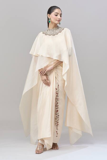 Buy_Anand Kabra_Beige Cotton, Silk Embroidery Round Neck Floral Patchwork Cape And Skirt Set