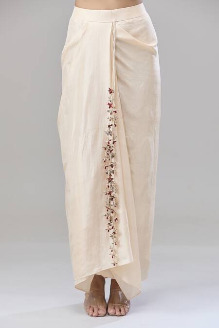 Shop_Anand Kabra_Beige Cotton, Silk Embroidery Round Neck Floral Patchwork Cape And Skirt Set