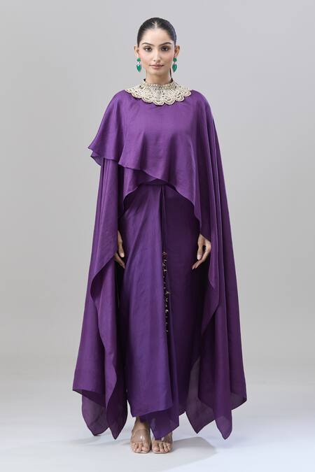 Shop_Anand Kabra_Purple Cotton Embroidery Round Neck Floral Cape Skirt Set_Online_at_Aza_Fashions