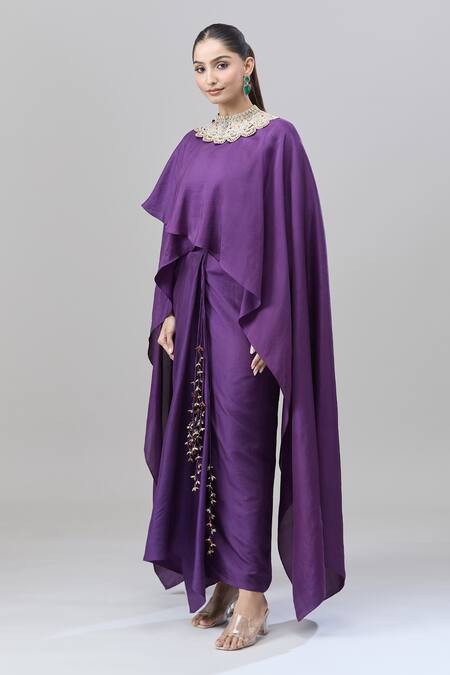 Anand Kabra_Purple Cotton Embroidery Round Neck Floral Cape Skirt Set_at_Aza_Fashions