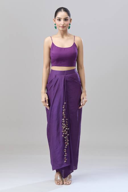 Shop_Anand Kabra_Purple Cotton Embroidery Round Neck Floral Cape Skirt Set