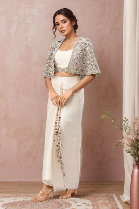 Anand Kabra Scallop Embroidered Cape Skirt Set 