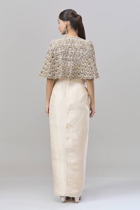 Shop Anand Kabra Beige Silk Zari, Embroidery Scoop Neck Zardozi Cape Set at Aza Fashions Shop_Anand Kabra_Beige Silk Zari, Embroidery Scoop Neck Zardozi Cape Set_at_Aza_Fashions