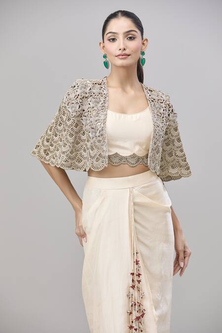 Buy Anand Kabra Beige Silk Zari, Embroidery Scoop Neck Zardozi Cape Set Online at Aza Fashions Buy_Anand Kabra_Beige Silk Zari, Embroidery Scoop Neck Zardozi Cape Set_Online_at_Aza_Fashions