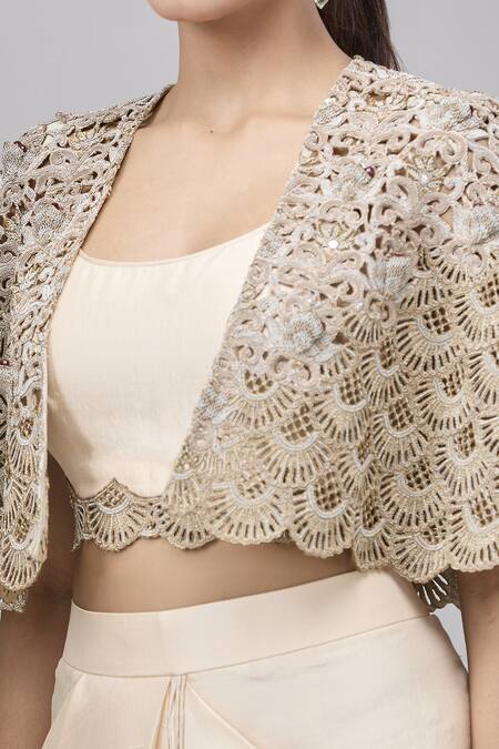 Shop Anand Kabra Beige Silk Zari, Embroidery Scoop Neck Zardozi Cape Set Online at Aza Fashions Shop_Anand Kabra_Beige Silk Zari, Embroidery Scoop Neck Zardozi Cape Set_Online_at_Aza_Fashions
