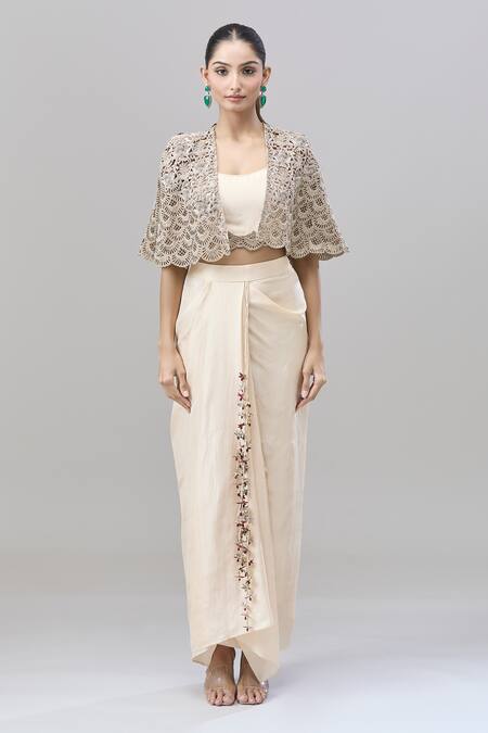Buy Anand Kabra Beige Silk Zari, Embroidery Scoop Neck Zardozi Cape Set Buy_Anand Kabra_Beige Silk Zari, Embroidery Scoop Neck Zardozi Cape Set