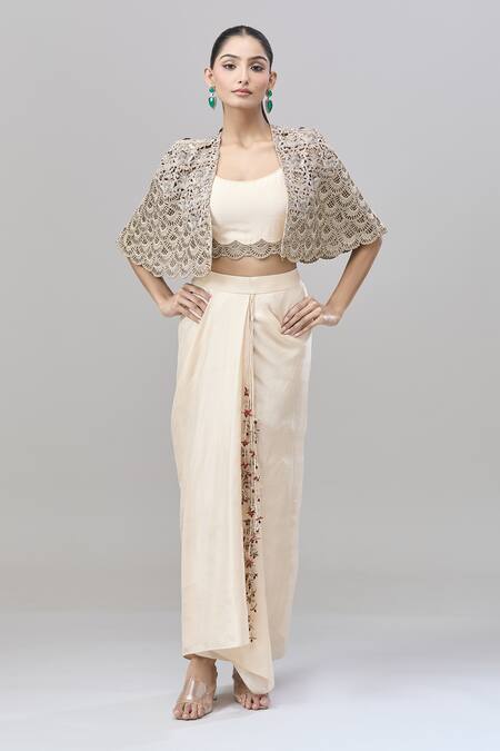 Shop Anand Kabra Beige Silk Zari, Embroidery Scoop Neck Zardozi Cape Set Shop_Anand Kabra_Beige Silk Zari, Embroidery Scoop Neck Zardozi Cape Set