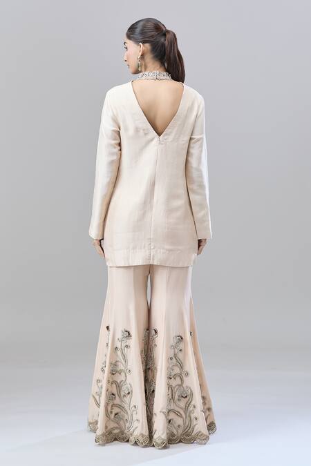 Shop Anand Kabra Beige Cotton Embroidery Split V-neck Floral Cutwork Kurta Set at Aza Fashions Shop_Anand Kabra_Beige Cotton Embroidery Split V-neck Floral Cutwork Kurta Set_at_Aza_Fashions