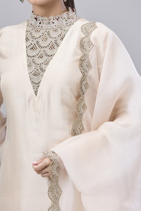 Shop Anand Kabra Beige Cotton Embroidery Split V-neck Floral Cutwork Kurta Set Online at Aza Fashions Shop_Anand Kabra_Beige Cotton Embroidery Split V-neck Floral Cutwork Kurta Set_Online_at_Aza_Fashions