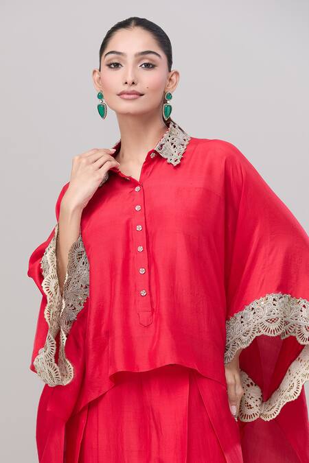 Anand Kabra_Red Embroidery Collared Floral Patchwork Shirt And Pant Set_Online_at_Aza_Fashions