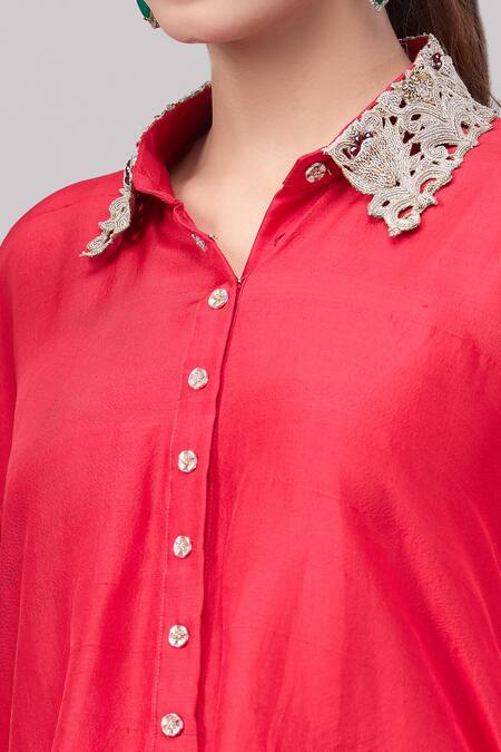 Buy_Anand Kabra_Red Embroidery Collared Floral Patchwork Shirt And Pant Set_Online_at_Aza_Fashions